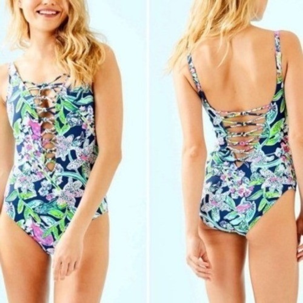 Lilly Pulitzer Isle Lattice One Piece Swim Deep Sea Navy Sway This Way Women's 6